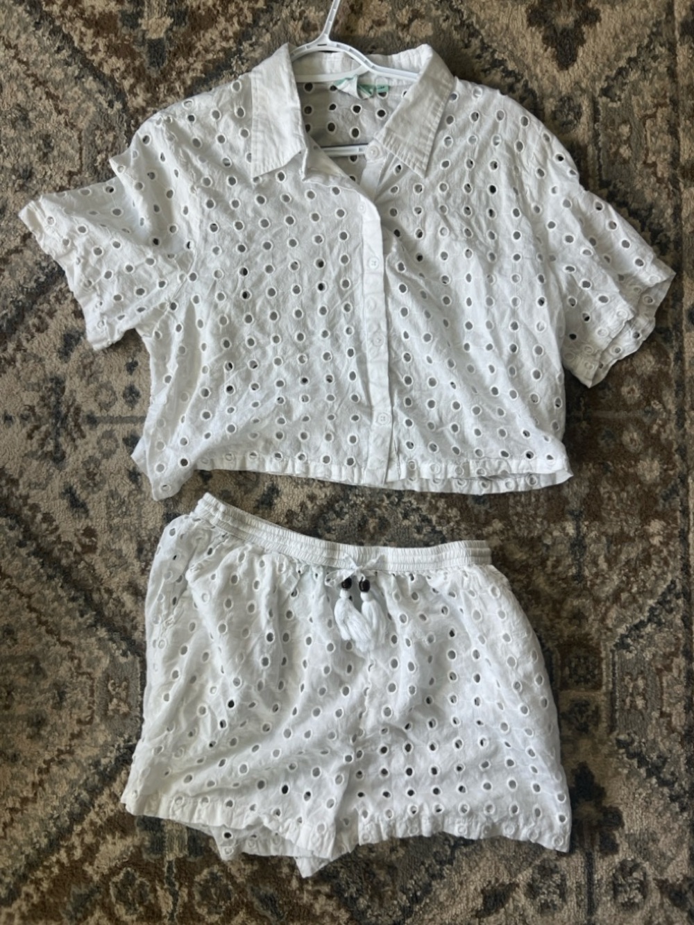 White Eyelet Cropped Button-Up Top - Women